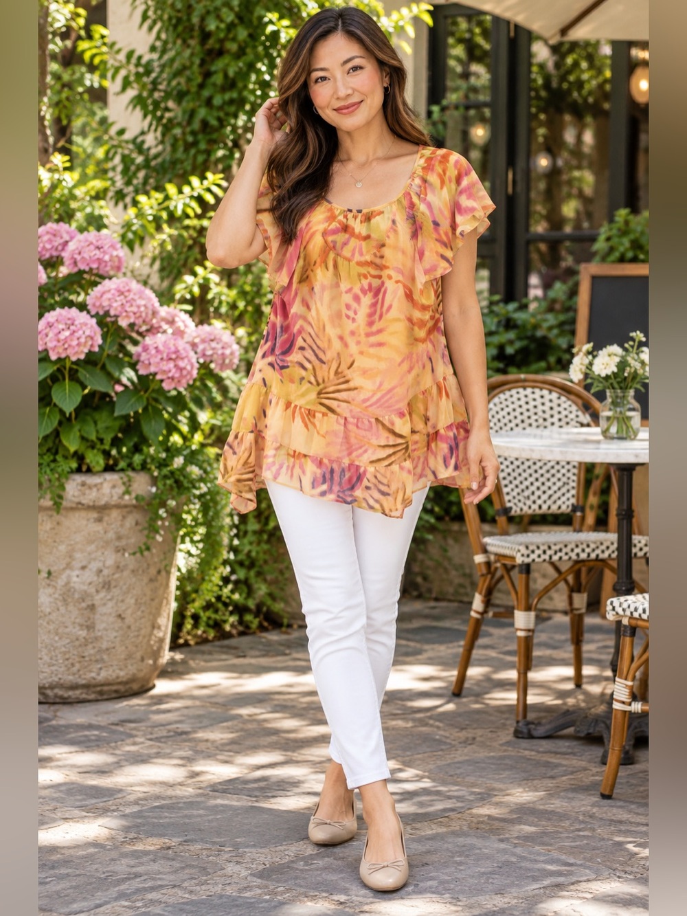 Nina Leonard Medium Tropical Print Layered Ruffle Tunic Blouse